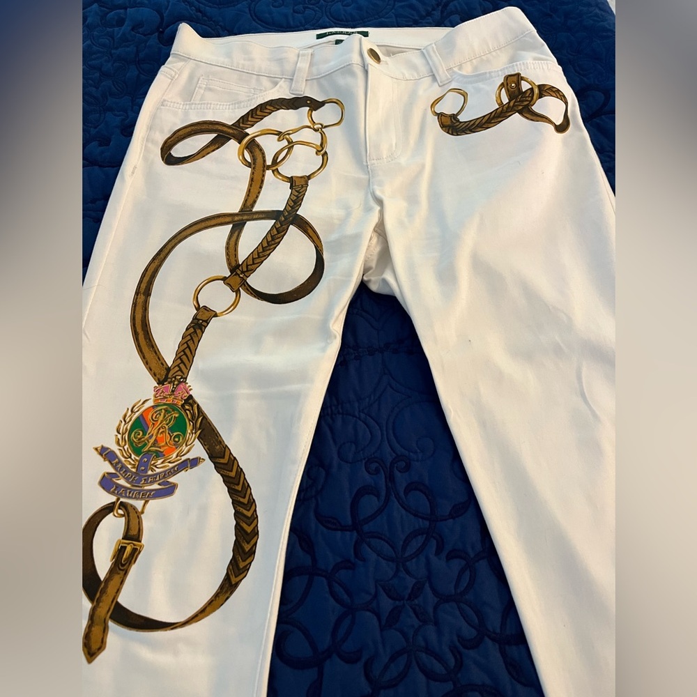 Size 8 never worn Lauren Equestrian themed white jeans